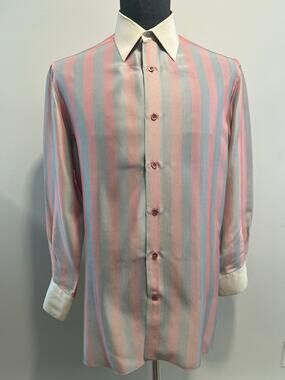 Bijan Silk Dress Shirt Button Down Gray Pink Vertical Stripes Size 16.5 JP